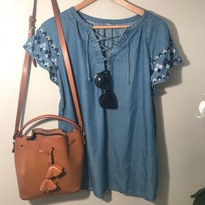 Denim embroidered lace up blouse
